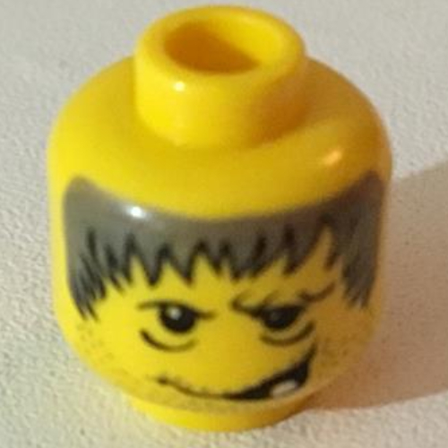 Minifig Head Hunchback, Gray Spiky Hair, Stubble, One Tooth Smirk Print [Blocked Open Stud]