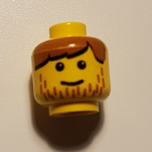 Minifig Head, Brown Bangs and Line Stubble Print [Blocked Open Stud]