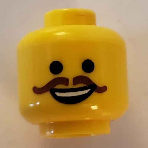 Minifig Head Emmet, Open Mouth Smile and Curly Reddish Brown Moustache Print