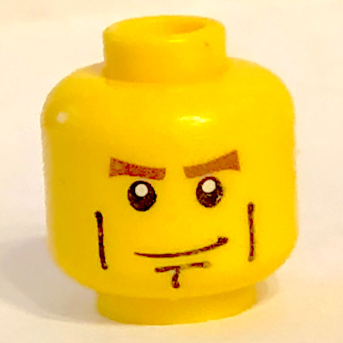 Minifig Head, Brown Eyebrows, White Pupils, Vertical Cheek Lines, Chin Dimple Print