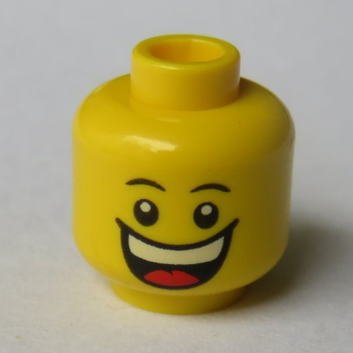 Minifig Head, Huge Grin, White Pupils, Eyebrows / Sad with Tear Print [Hollow Stud]