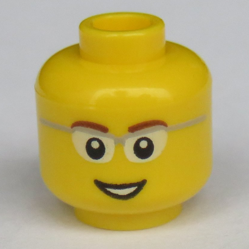 Minifig Head, Glasses with Gray Frame Sides, Brown Eyebrows and Open Smile Print [Hollow Stud]