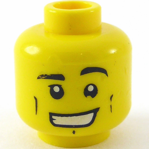 LEGO part Minifig Head Male Black Eyebrows, Vertical Cheek Lines, Chin Dimple and Wide Grin Print [Hollow Stud]