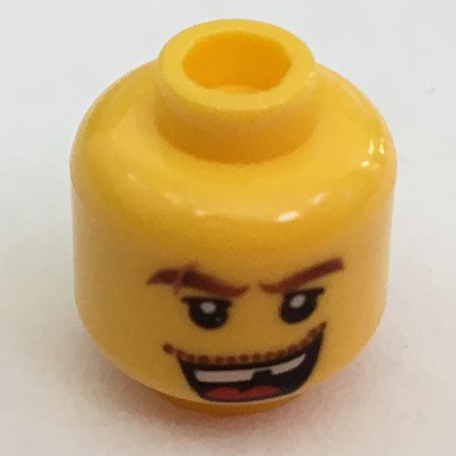 Minifig Head, Thick Brown Eyebrows with Scar, Open Mouth with Missing Tooth, White Pupils Print [Hollow Stud]