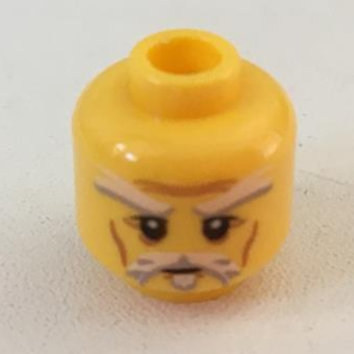 Minifig Head Sensei Wu (Master), Beard with White Goatee, Moustache and Eyebrows and Brown Lines Print [Hollow Stud]