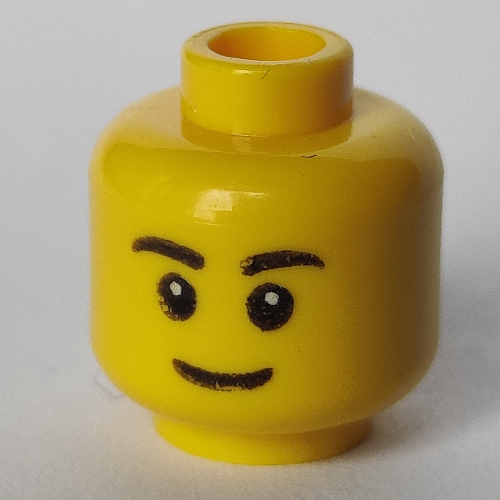 Minifig Head, Black Eyebrows, Thin Grin, Eyes with White Pupils Print [Hollow Stud]