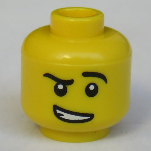 Minifig Head, Eyebrows, Raised Left Eyebrow, White Pupils, Crooked Open Smile with Teeth Print