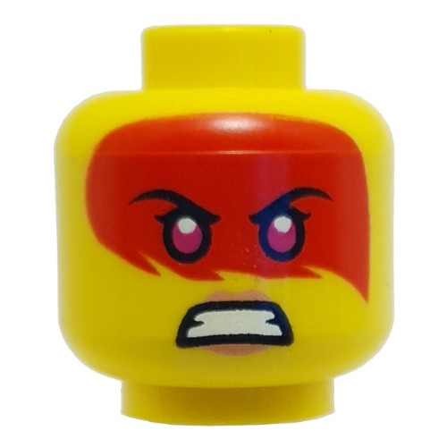 Image of part Minifig Head Harumi, Magenta Eyes, Red Paint Across Eyes, Peach Lips, Smile / Angry Print