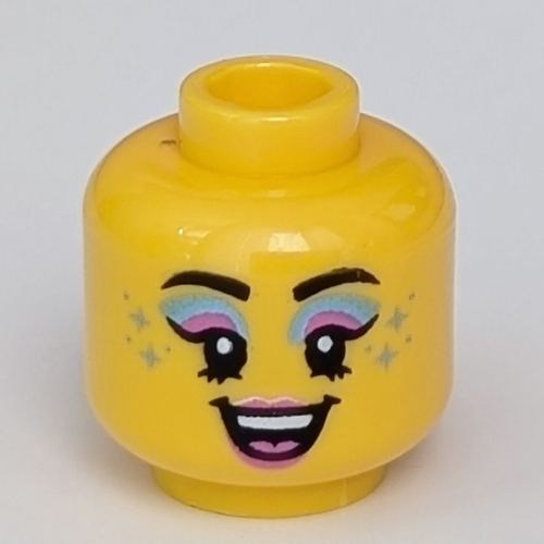 Minifig Head, Dark Pink/Dark Turquoise Eye Shadow, Dark Turquoise Dots, Open Mouth print [Hollow Stud]