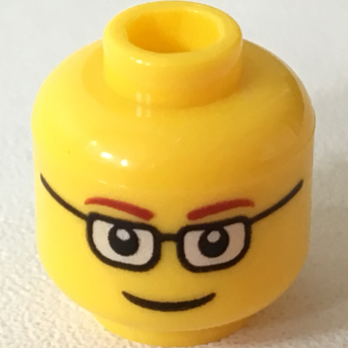 Minifig Head, Glasses Rectangular, Red Thin Eyebrows, Smile Print