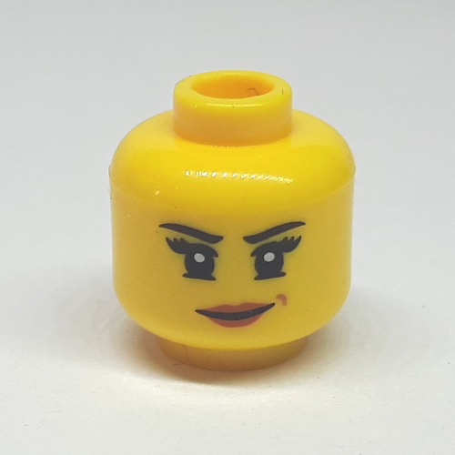 Minifig Head Nya, Dual Sided. Lopsided Grin with Pink Lips / Mechanical Goggles and Headset Print [Hollow Stud]