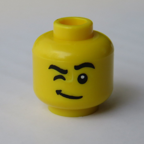 Minifig Head, Eyebrows with Right Raised, Winking Right Eye, Thin Curving Line Mouth Print