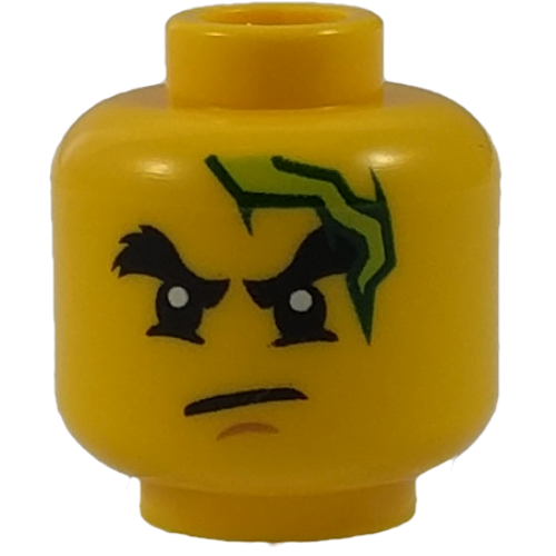 Minifig Head Cole, Dual Sided, Bushy Eyebrows, Chin Dimple, Lightning Bolt, Scowl / Open Mouth with Teeth Print [Hollow Stud]