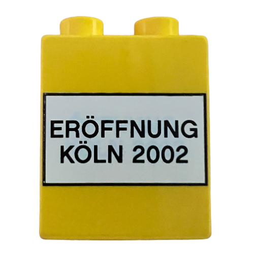 Visuel indicatif Rebrickable de Duplo Brique 1 x 2 x 2 avec 'ERÖFFNUNG KÖLN 2002' and Lego Logo, 'DER LEGO STORE' Print