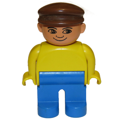 Duplo Figure, Early, with Flat Cap Brown, Blue Legs, no White in Eyes Print