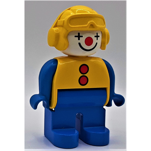 Duplo Figure, Early, Aviator Hat Yellow, Blue Legs, 2 Buttons, Blue Arms, Clown Face Paint