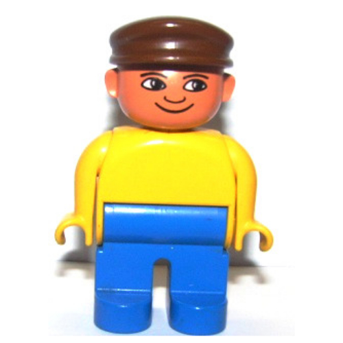 Duplo Figure, Early, with Flat Cap Brown, Blue Legs, Plain Top