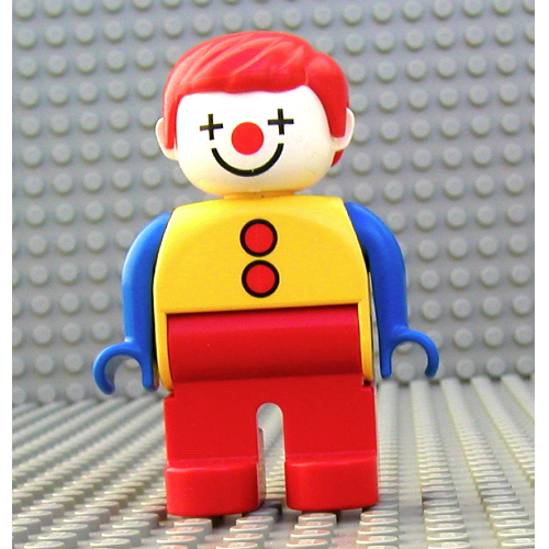 Duplo Figure, Early, with Short Parted Hair Red, Red Legs, Red Buttons, Blue Arms, and Clown Face Print