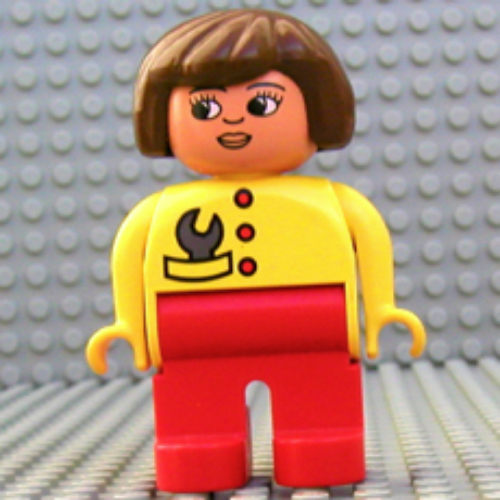 Duplo Figure, Early, Hair Bob Brown, Red Legs, Red Buttons and Gray Wrench, Turned Down Nose Print