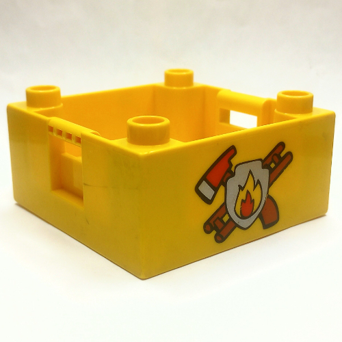 Duplo Container Box, 4 x 4, with Studs on Corners, with Fire Department Logo Print