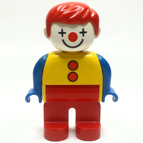 Duplo Figure, Early, with Short Parted Hair Red, Red Legs, Red Buttons, Blue Arms, and Clown Face Print