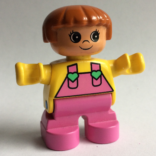 Duplo Figure, Early Child, with Straight Hair Fabuland Brown, Dark Pink Legs, Dark Pink Overalls with Medium Green Hearts on Straps Print