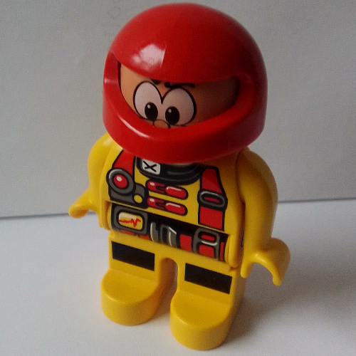 Duplo Figure, Early, Helmet Red, Yellow Legs, Jumpsuit, Red Utility Harness Print