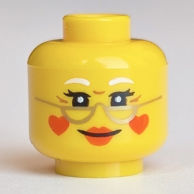 Minifig Head Mrs Claus, Red Lips, Gold Glasses, Red Hearts for Cheeks, Smiling Print