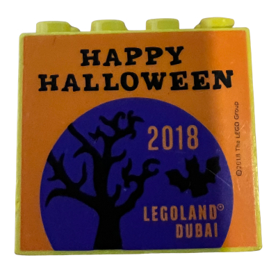 Brick 2 x 4 x 3 with 'LEGOLAND Dubai 2018 HAPPY HALLOWEEN' Print Yellow