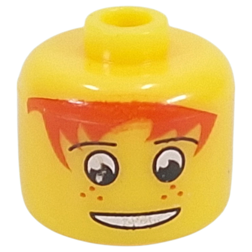 Pen Bead, Round Large, Curved Edges / Cylinder with Minifig Head with Red Hair, White Eyes, Freckles Print