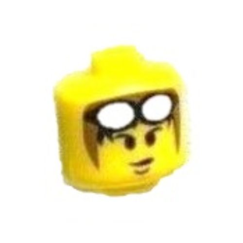 Pen Bead, Round Large, Curved Edges / Cylinder with Minifig Head with Brown Hair and White Goggles on Head Print