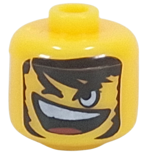 Pen Bead, Round Large, Curved Edges / Cylinder with Minifig Head with Long Black Hair, Beard, Open Mouth, Wink print