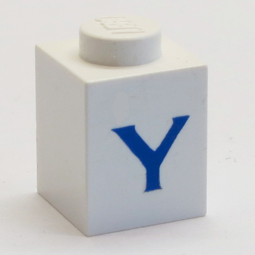 LEGO part Brick 1 x 1 with Blue 'Y' Print (Serif Font)