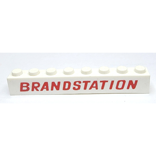 Brick 1 x 8 without Bottom Tubes with Cross Side Supports with 'BRANDSTATION' Red Print