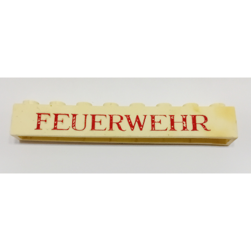 Brick 1 x 8 without Bottom Tubes with Cross Side Supports with 'FEUERWEHR' Thin Red Print