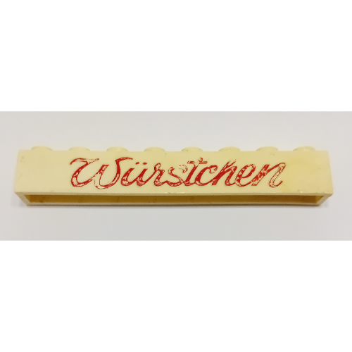 Brick 1 x 8 without Bottom Tubes with Cross Side Supports with 'Würstchen' ('Wurstchen') Script Red Print