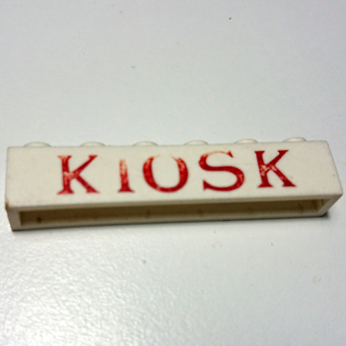 Brick 1 x 6 without Bottom Tubes with Cross Side Supports with Dark Red "KIOSK" Serif Print