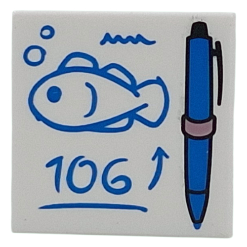 Tile 2 x 2 with Blue Pen, Drawing of Fish, '106' print