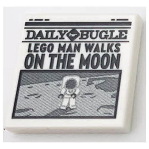 Tile 2 x 2 with Newspaper Daily Bugle 'LEGO MAN WALKS ON THE MOON' print