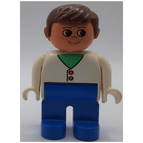 Duplo Figure, Early, with Short Parted Hair Brown, Blue Legs, Cardigan with 2 Buttons and Medium Green Neck Print