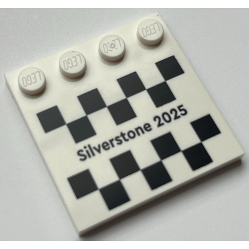 Plate Special 4 x 4, Studs on One Edge with 'Silverstone 2025' and Checkered Print White
