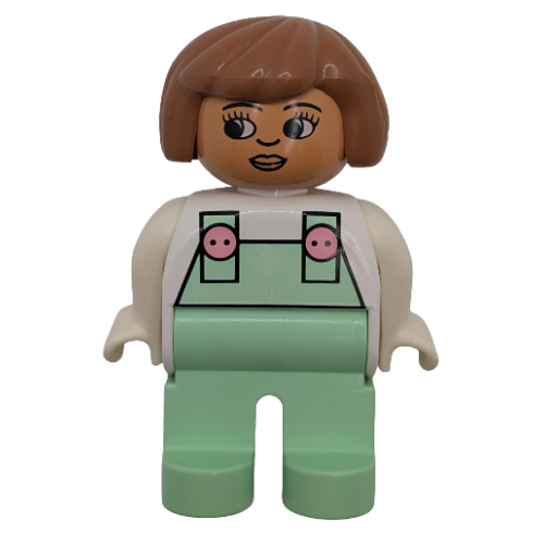 Duplo Figure, Early, Hair Bob Fabuland Brown, Light Green Legs, Light Green Overalls with Pink Buttons Print