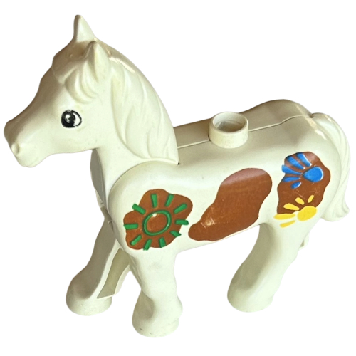 Duplo Animal Horse with One Stud and Moveable Head, Large Brown Spots, and Multi-Colored Sun and Handprints Print