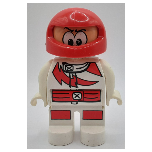 Duplo Figure, Early, Helmet Red, White Legs, Racing Suit with Red Lightning Print