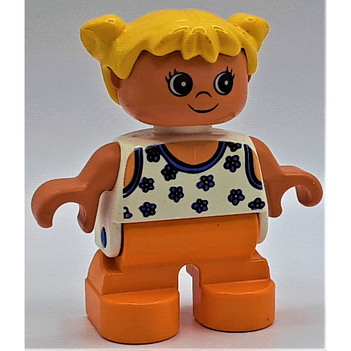 Duplo Figure, Early Child, with Pigtails Yellow, Orange Legs, Blue Flowers Print