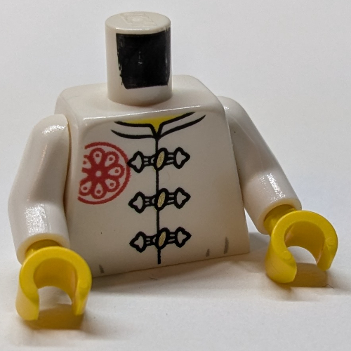 Torso, Gi with 3 Gold Frog Clasps, Red Flower Symbol on Lapel and Back Print (Teen Wu), White Arms, Yellow Hands