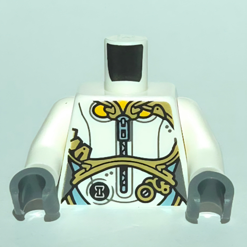 Torso, Vest, Medium Azure Zipper, Gold decorations, Hourglass Print, White Arms, Dark Bluish Gray Hands