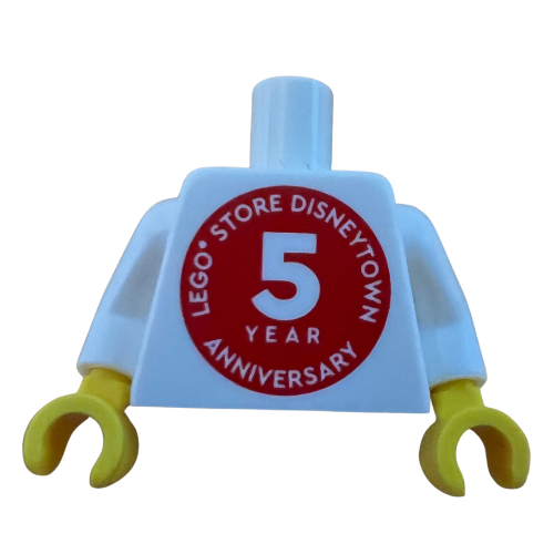 Torso, 'LEGO STORE DISNEYTOWN 5 YEAR ANNIVERSARY' / LEGO Logo Back Print, White Arms, Yellow Hands