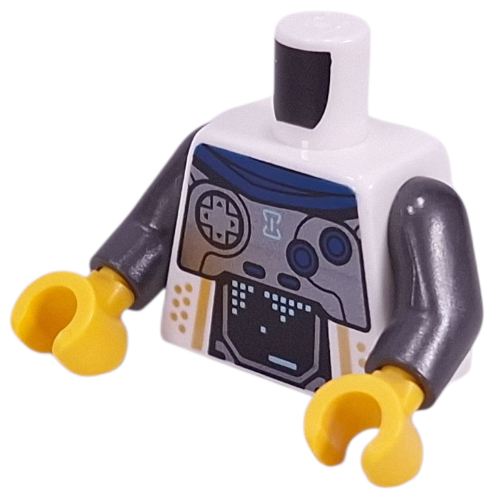 Torso, Pearl Titanium Chest Armor, Dark Blue Hood, Buttons, Dark Turquoise Pixels on Black Screen, Gold Dots print, Pearl Titanium Arms, Yellow Hands