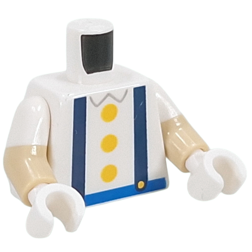 Torso, Dual Molded Arms with Dark Blue Suspenders, Yellow Buttons, Blue Belt print, White Sleeves Pattern, Tan Arms, White Hands
